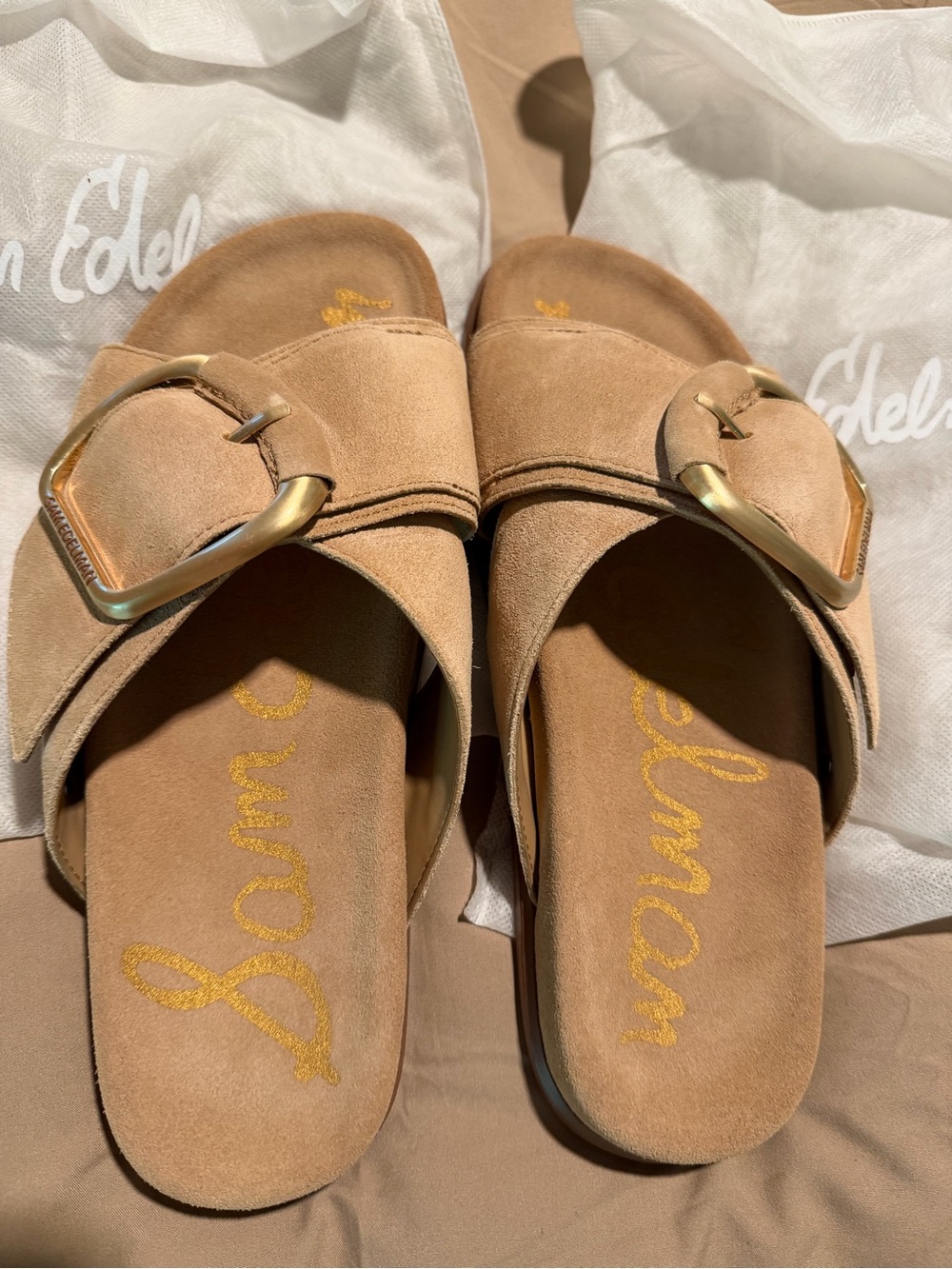 Sam Edelman Tan Suede Slide Sandals with Gold Buckles Darla size 9 EU40